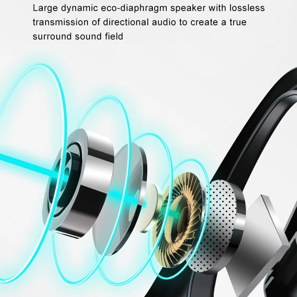 Casque à conduction osseuse Bluetooth noir, haut-parleurs et évents détaillés