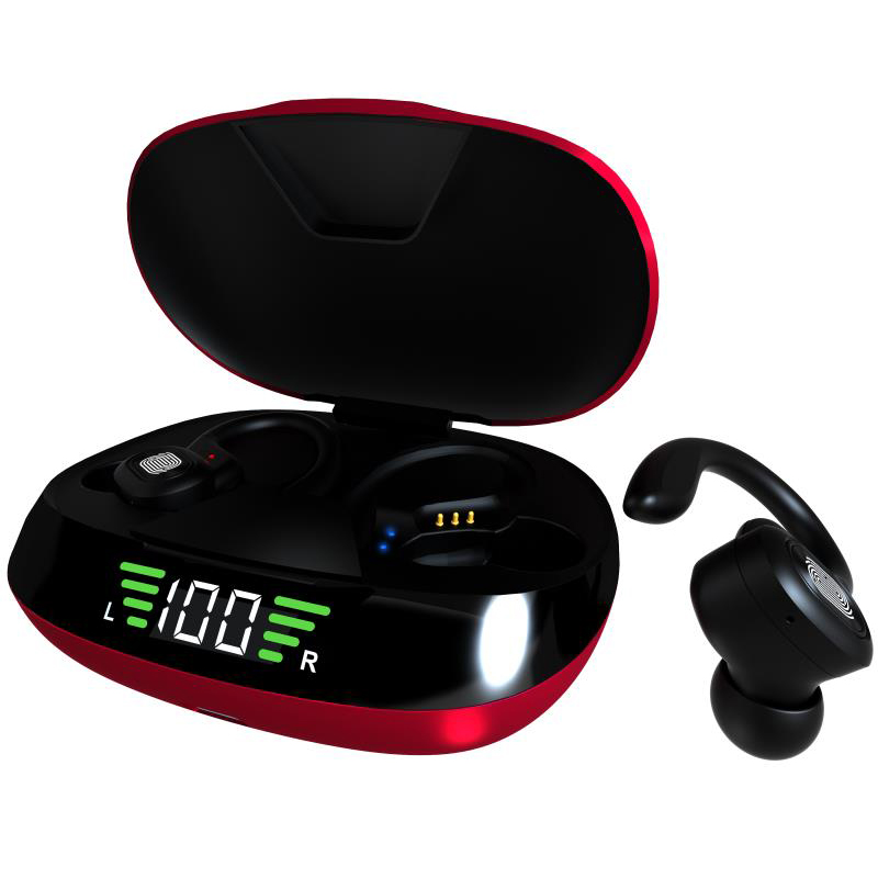 Écouteurs TWS rouge et noir avec boîtier de charge ouvert et embouts