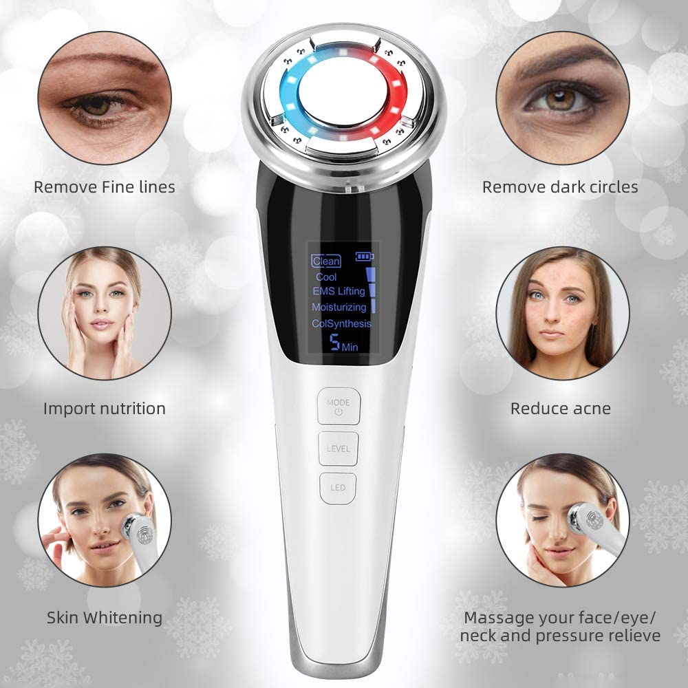 Massageur facial compact blanc et noir, anneau lumineux et boutons pour modes et niveaux.