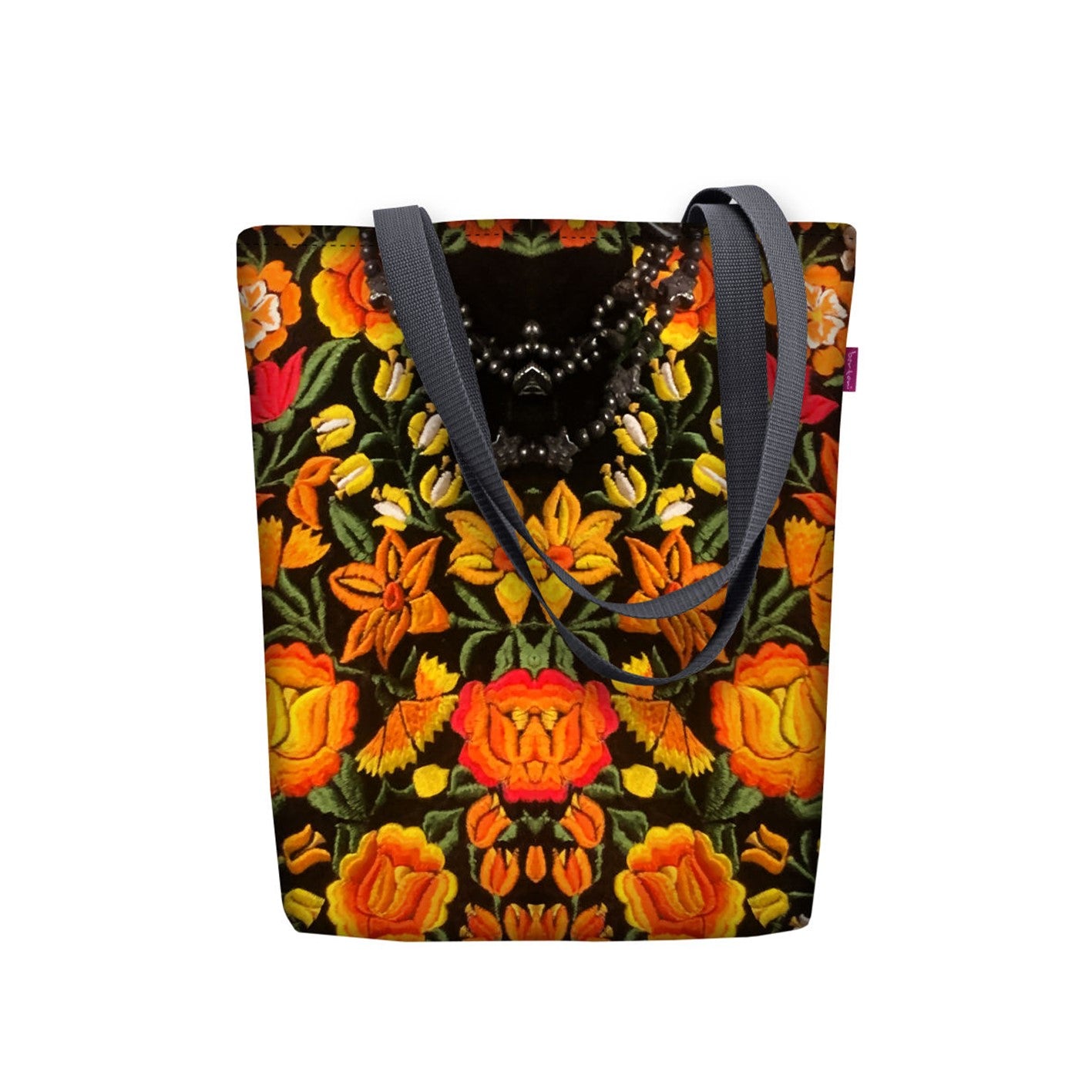 Sac à bandoulière en toile imprimé floral orange et jaune sur fond noir