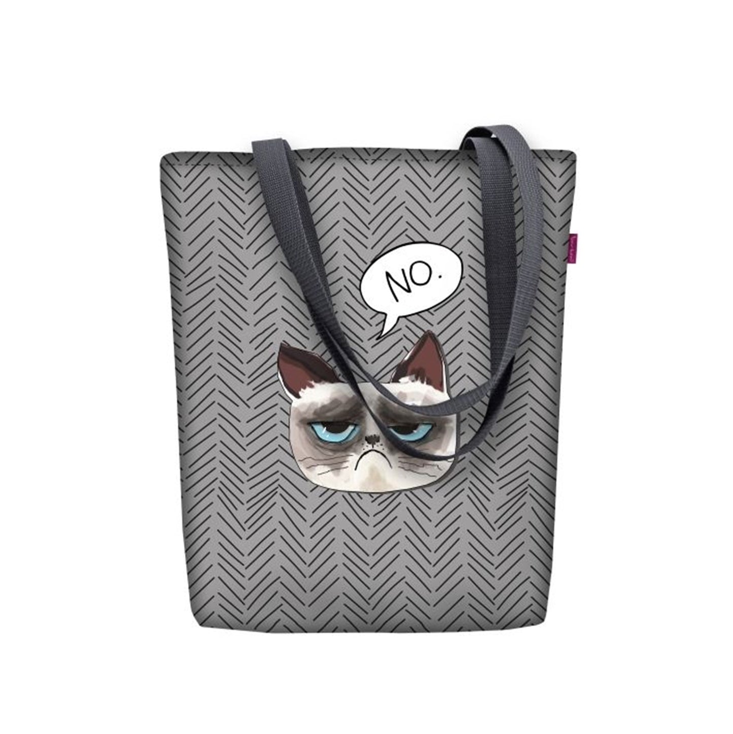 Sac cabas en toile grise à motif chevrons, anses noires et applique chat 'No'.