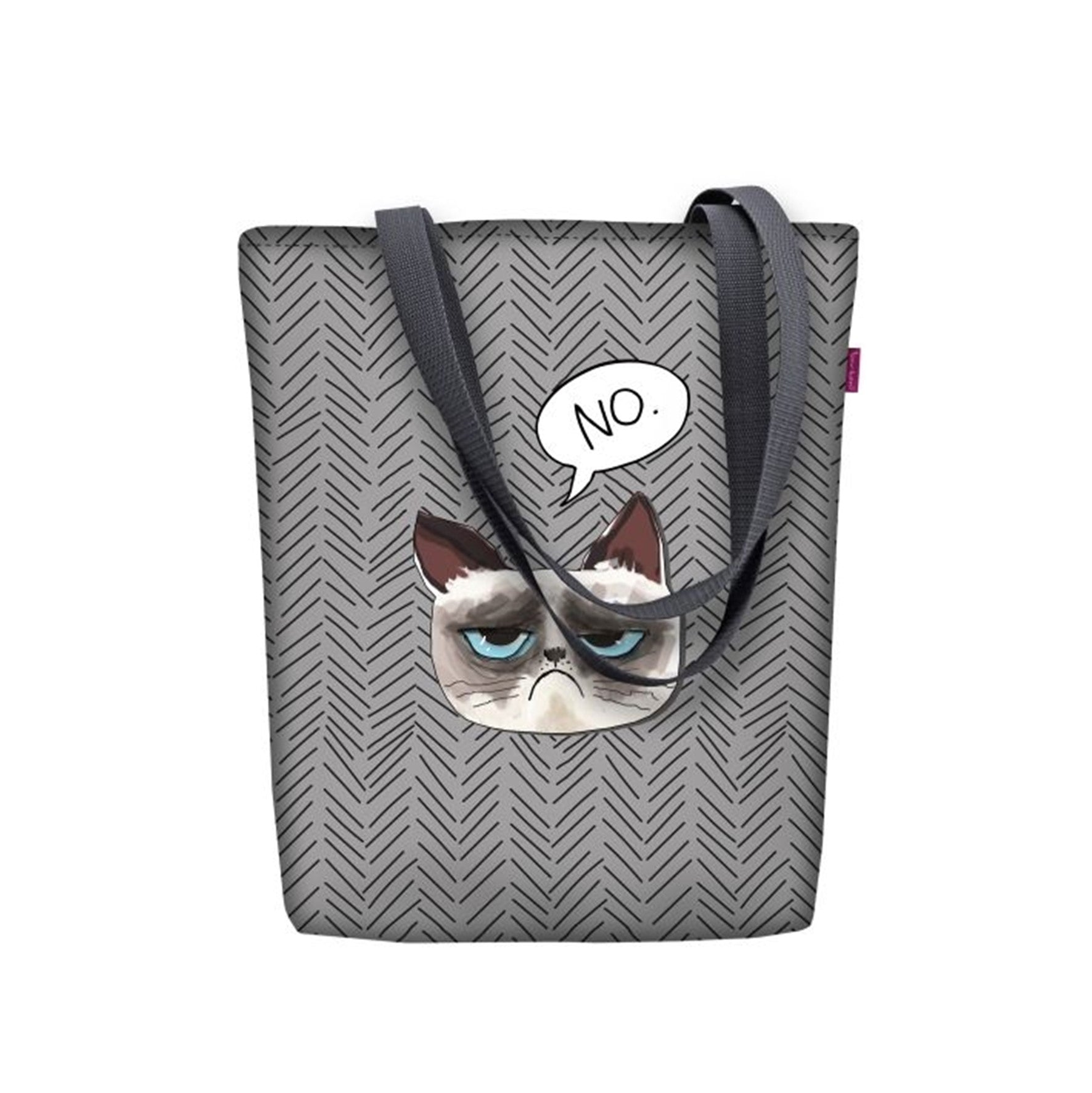 Sac cabas en toile grise à motif chevrons, anses noires et applique chat 'No'.
