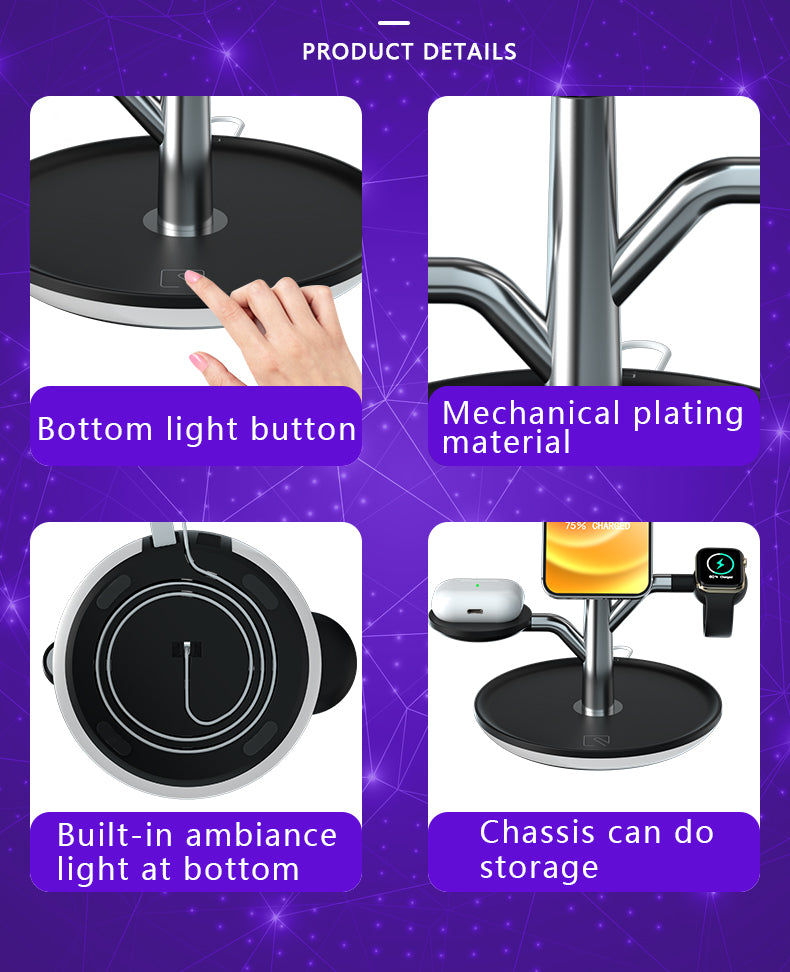 Support Qi avec bouton lumineux en bas et bras métalliques pour téléphone et montre