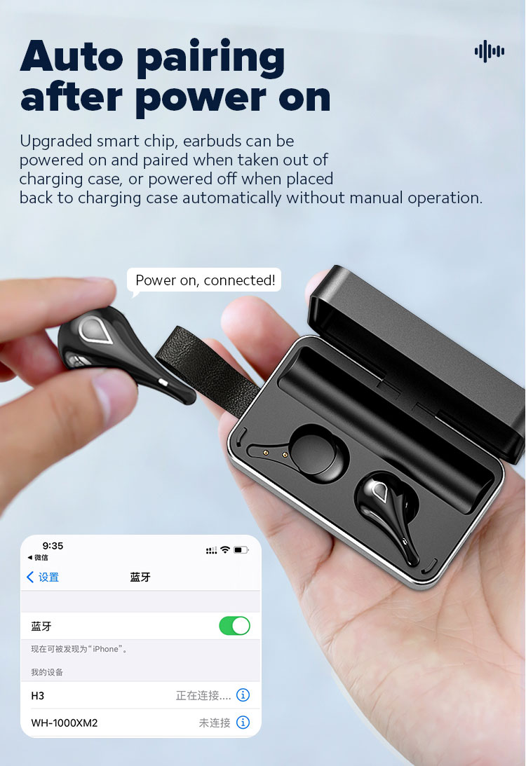 Boîtier de charge TWS noir avec écouteur retiré, design compact