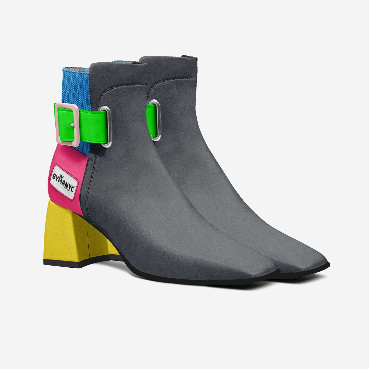 Bottines chelsea femme BYMANYC noires, bride réglable verte, talon bloc