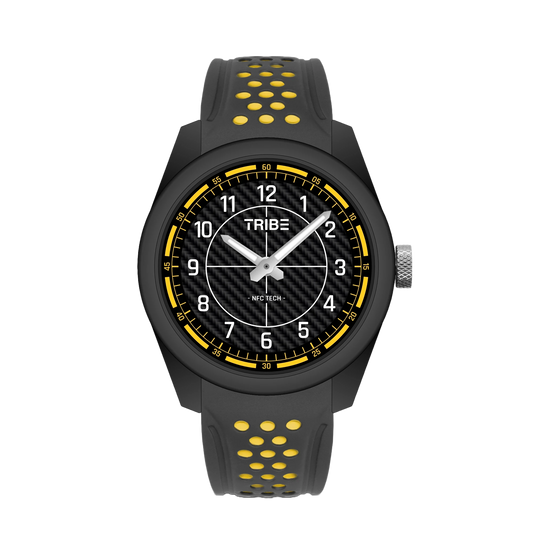Montre bicolore noire et jaune, cadran rond TRIBE, bracelet silicone perforé.
