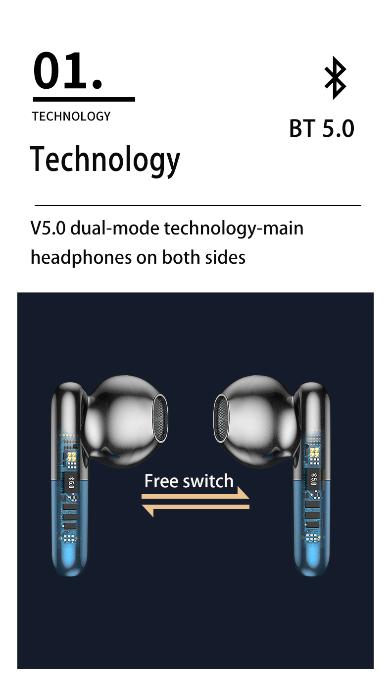 Écouteurs TWS Hemys noirs en configuration double, tiges intra-auriculaires