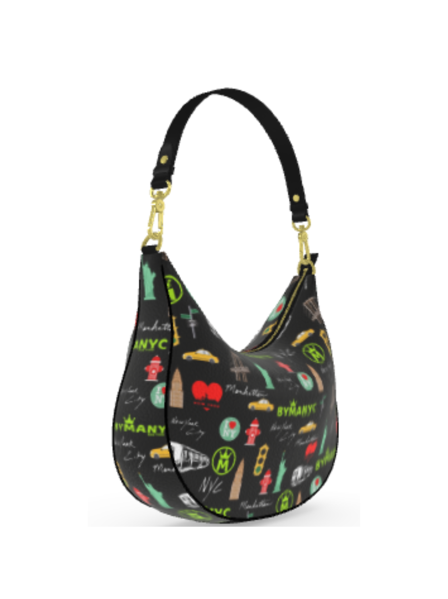 Sac hobo noir à motifs NYC colorés et anses bandoulière dorées
