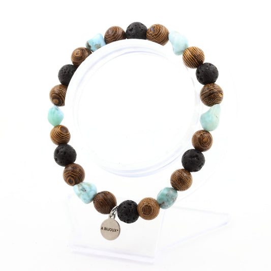 Bracelet perles femme bois et pierre de lave, larimar bleu clair, 19–20 cm