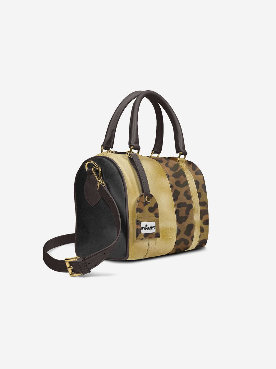 Sac à main BYMANYC avec rabat noir, panneaux beige et léopard, bandoulière