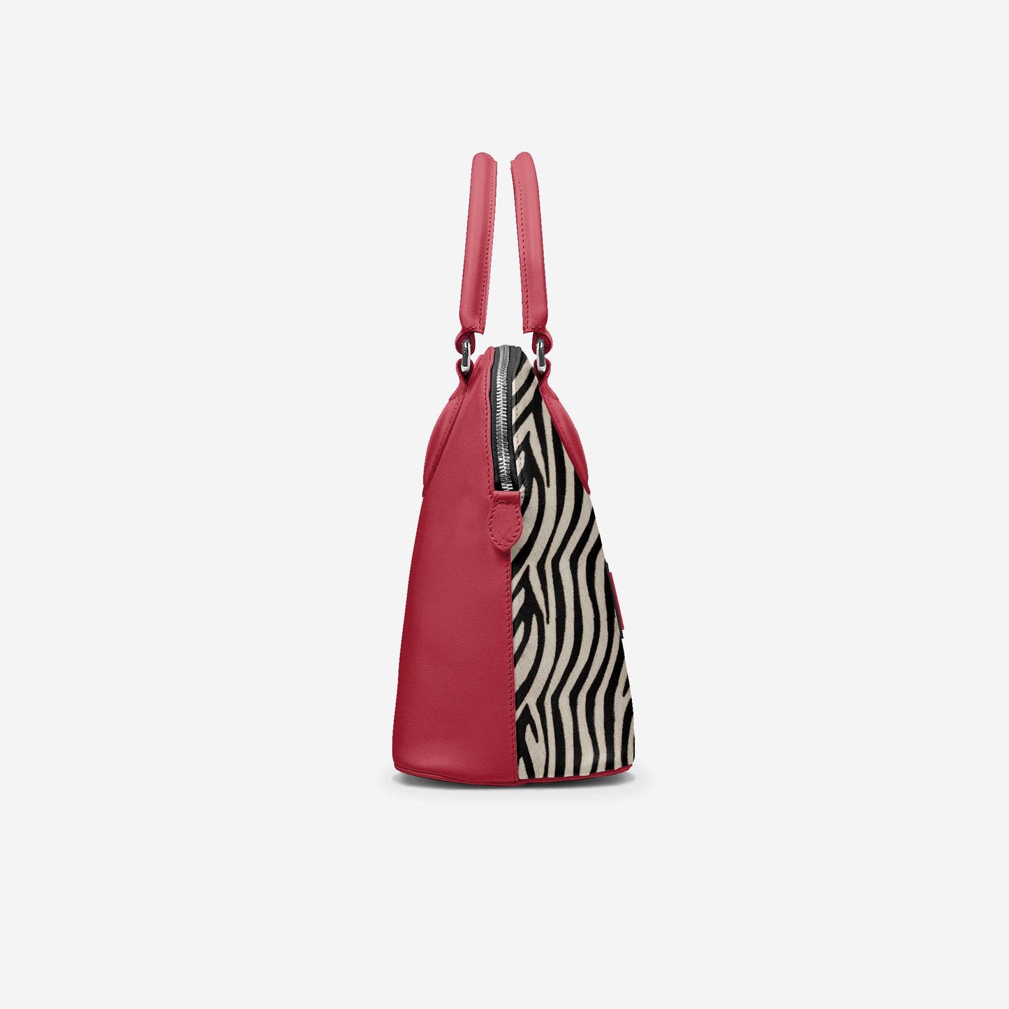 Sac cabas bordeaux avec panneau zébré noir et blanc sur le côté, poignées bordeaux