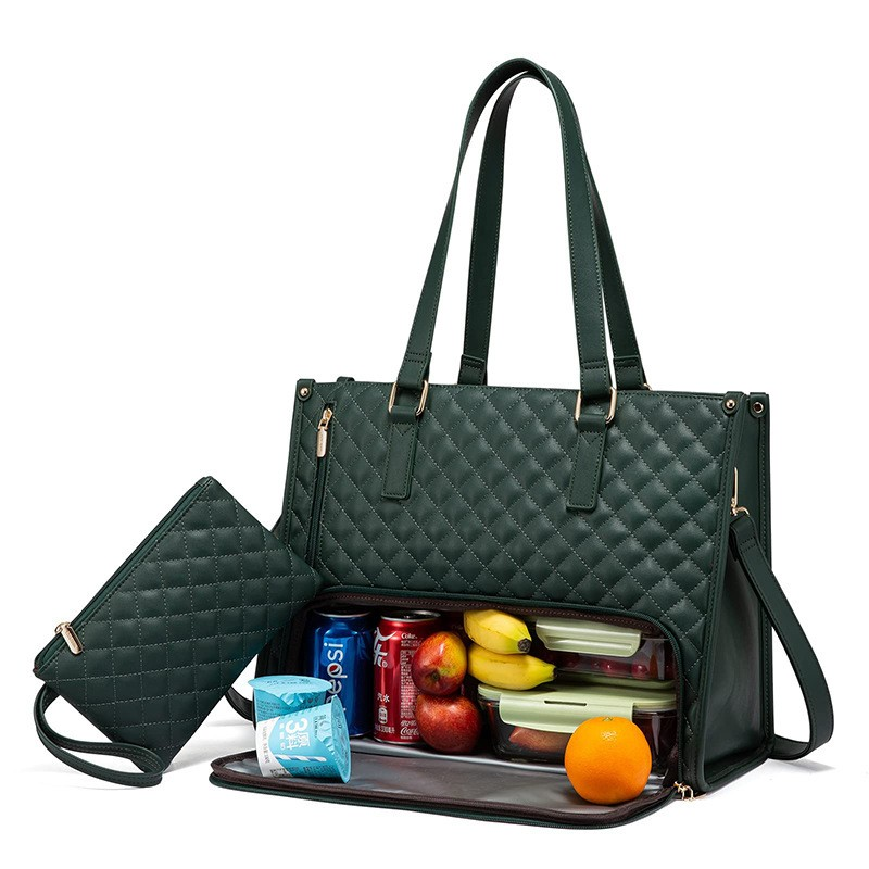 Sac cabas isotherme 2 en 1 vert foncé matelassé, pochette latérale, compartiment repas zippé