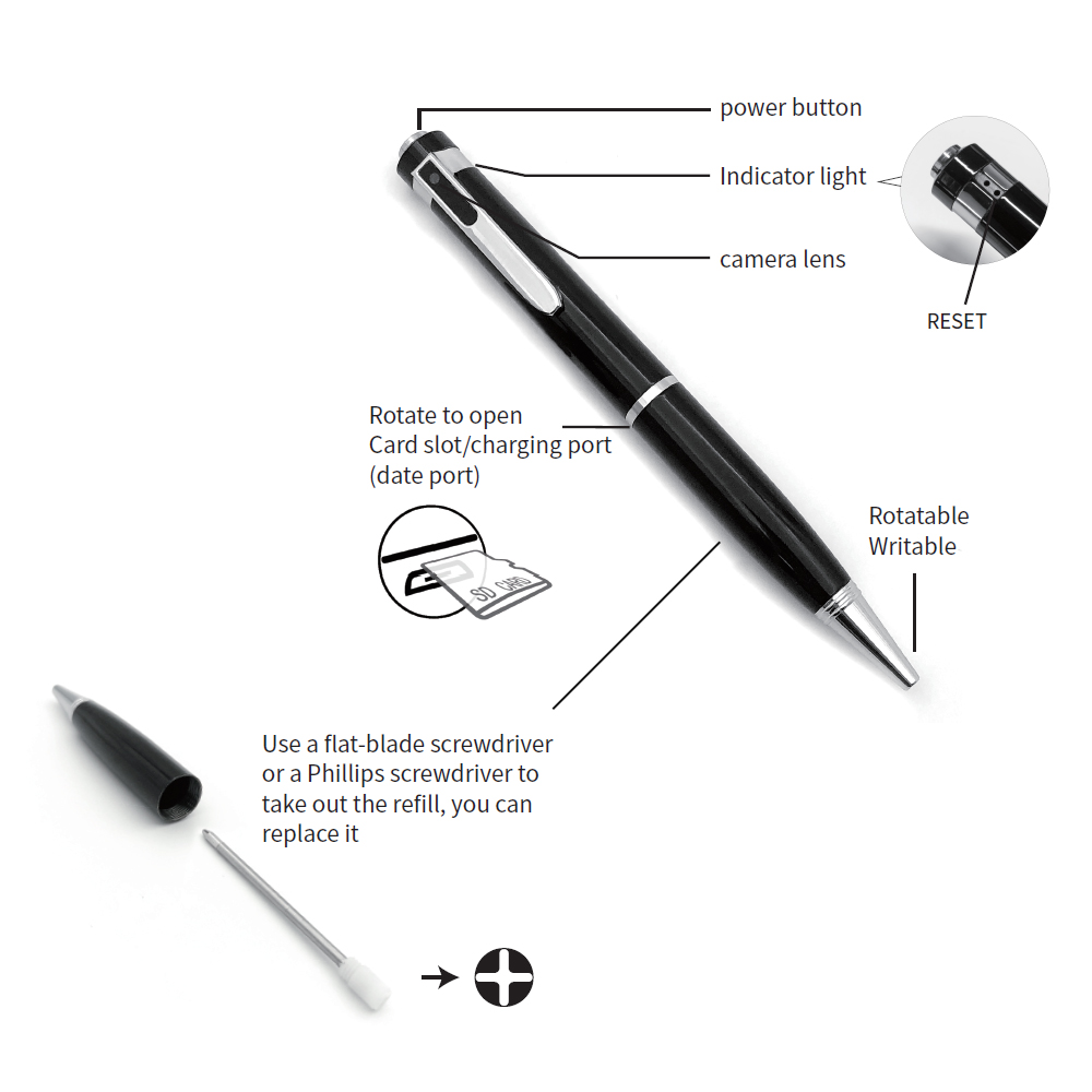 Stylo caméra noir avec bouton d’alimentation, voyant, objectif, reset et recharge
