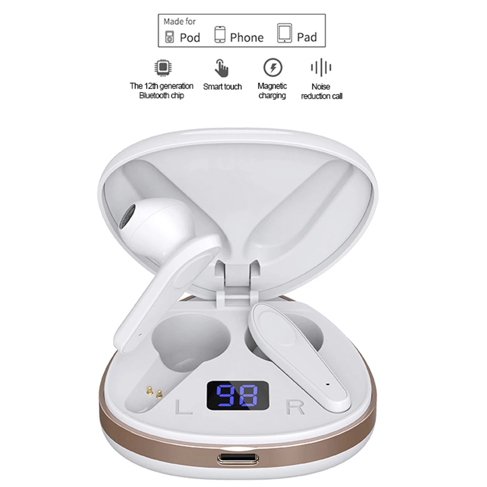 Écouteurs TWS Bluetooth blancs dans un boîtier de charge, repères L et R
