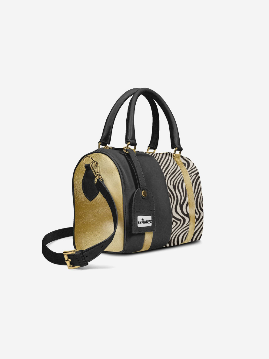 Sac à main avec bandoulière, forme arrondie, noir et beige à motif zèbre
