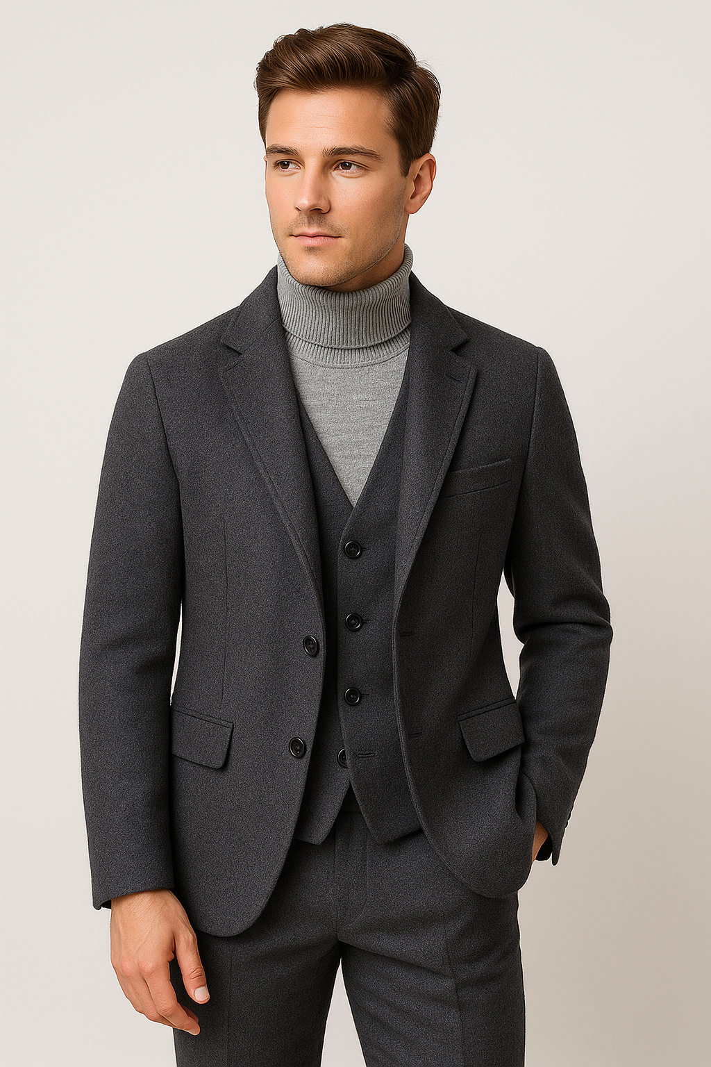 Manteau homme slim en laine grise à revers, boutonnage et poches plaquées.