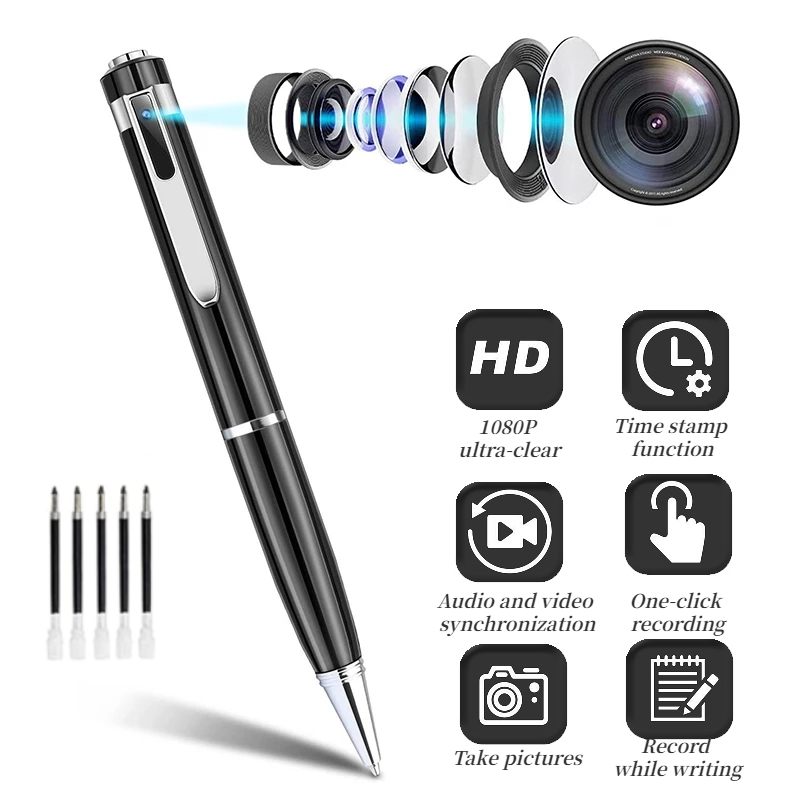 Stylo caméra noire 1080P avec objectif, indicateur HD et fonctions, accessoires