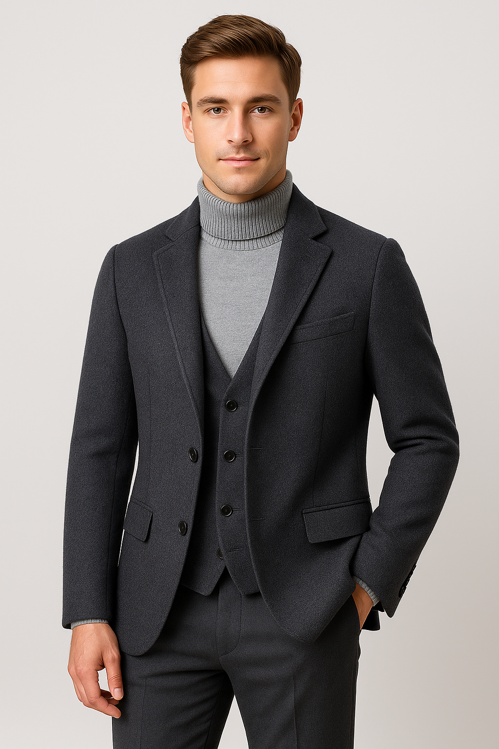Manteau homme slim en laine foncée, boutonnage central et poches plaquées.