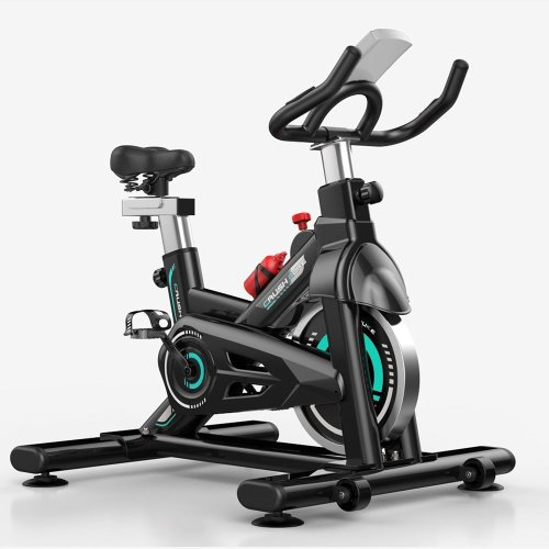 Vélo d’exercice d’intérieur noir avec guidon courbé et selle rembourrée