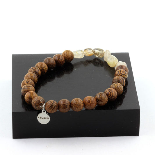 Bracelet perles de bois et quartz rutile doré, fermoir argenté.