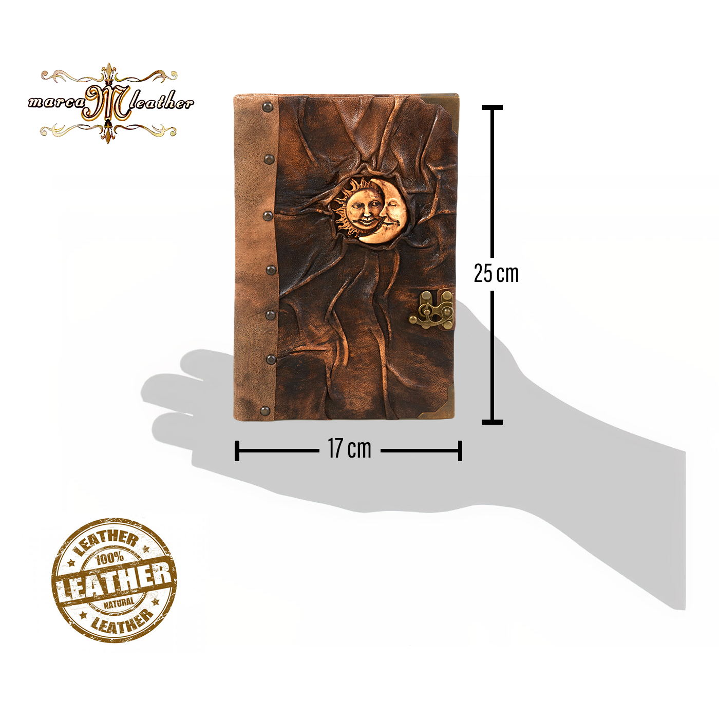 Carnet en cuir brun, motif Soleil Lune, dimensions env. 25×17 cm