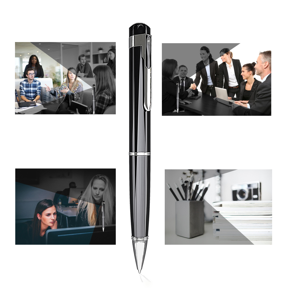 Stylo caméra portable noir avec objectif en bout et pointe, vue de face