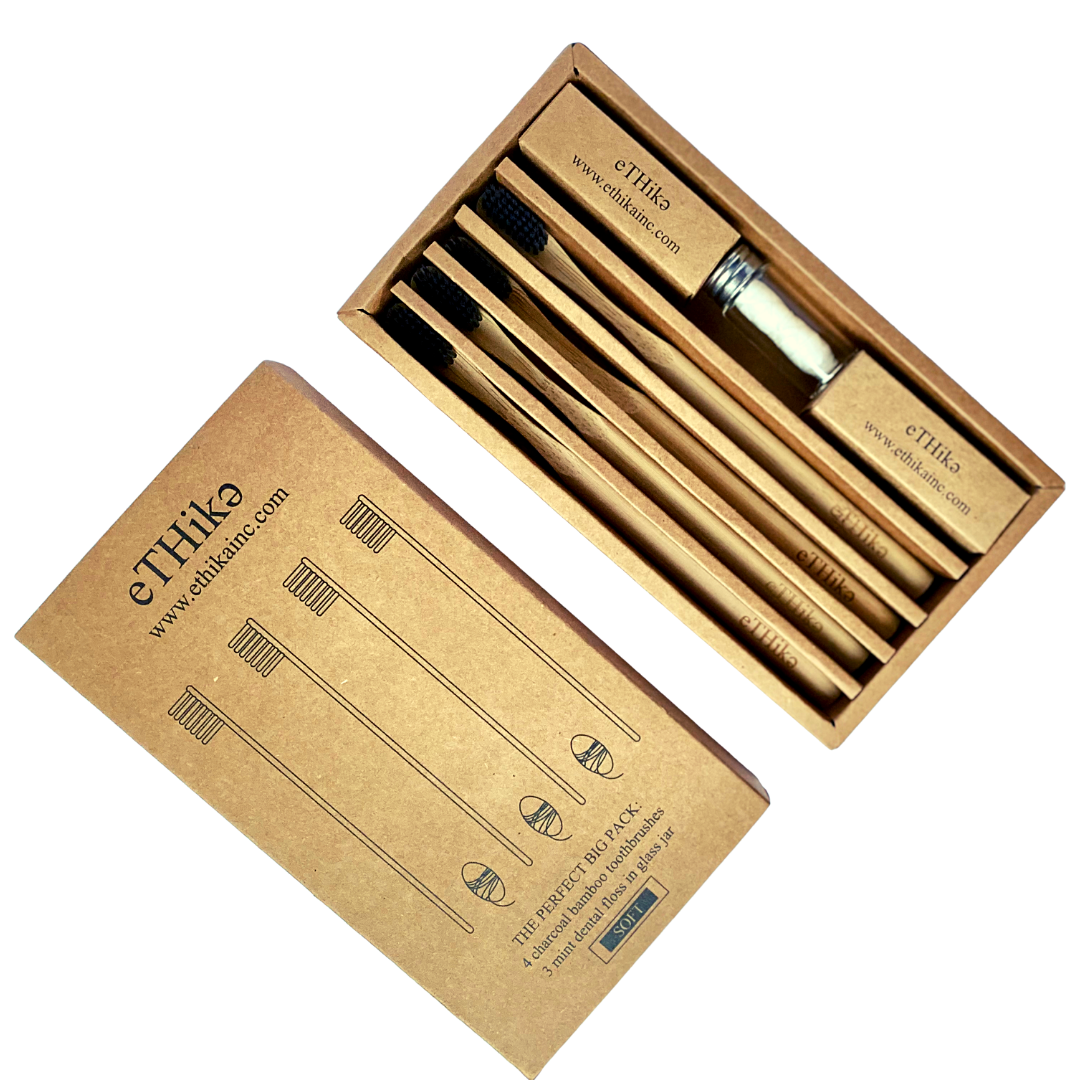 Coffret soin bucco-dentaire en bambou Ethika : 7 brosses et flacon de recharge