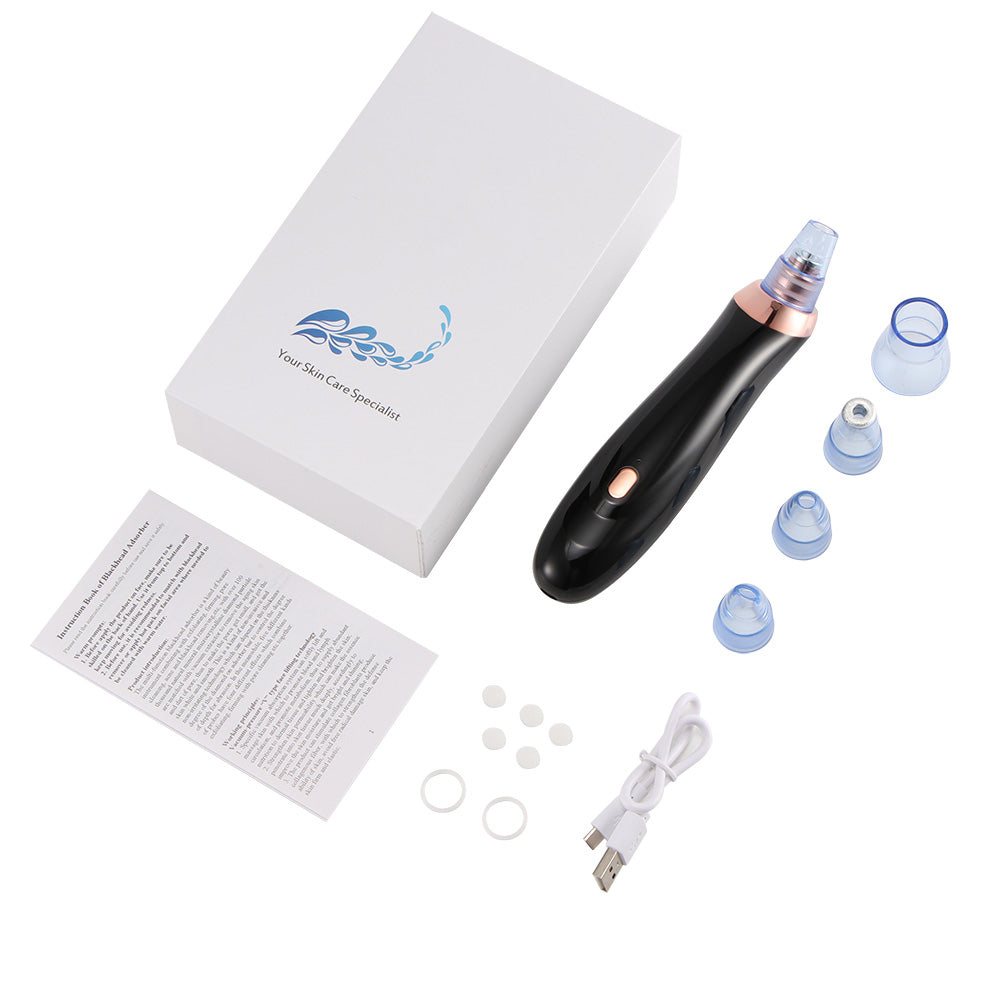 Aspirateur facial noir avec boîte, embouts interchangeables bleus et câble