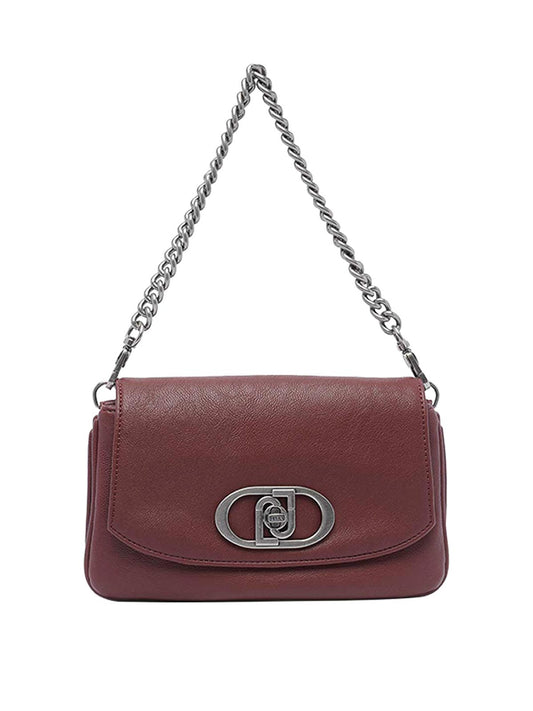 Sac bandoulière en cuir synthétique bordeaux, rabat à fermoir et chaîne argentée