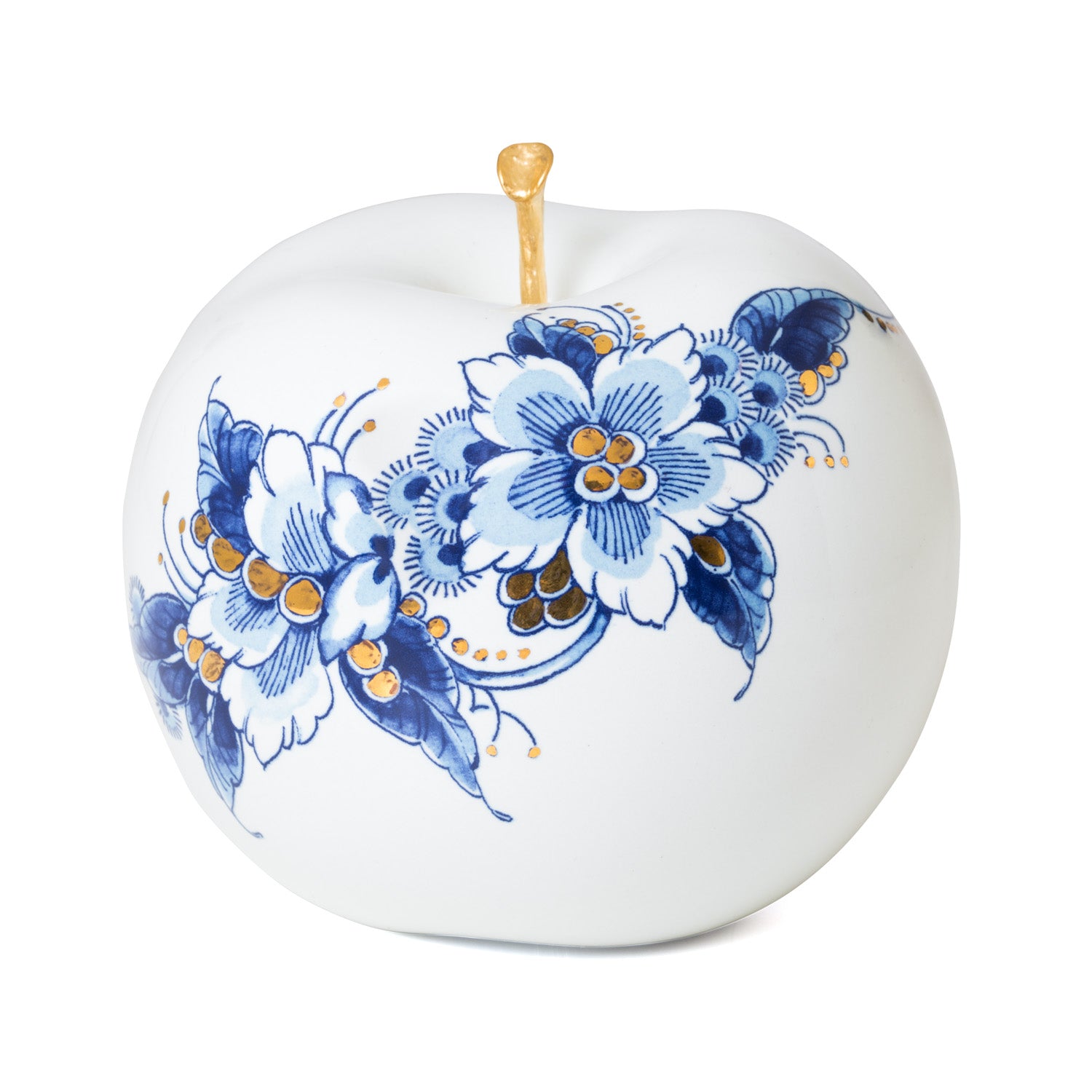 Pomme décorative en céramique blanche, tige dorée, fleur bleue à points et arabesques
