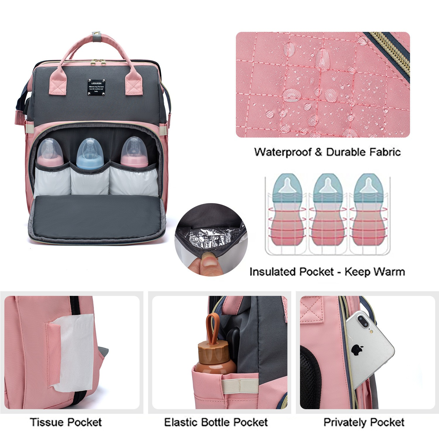 Sac de voyage bébé rose et noir avec poches intérieures et compartiment isolant