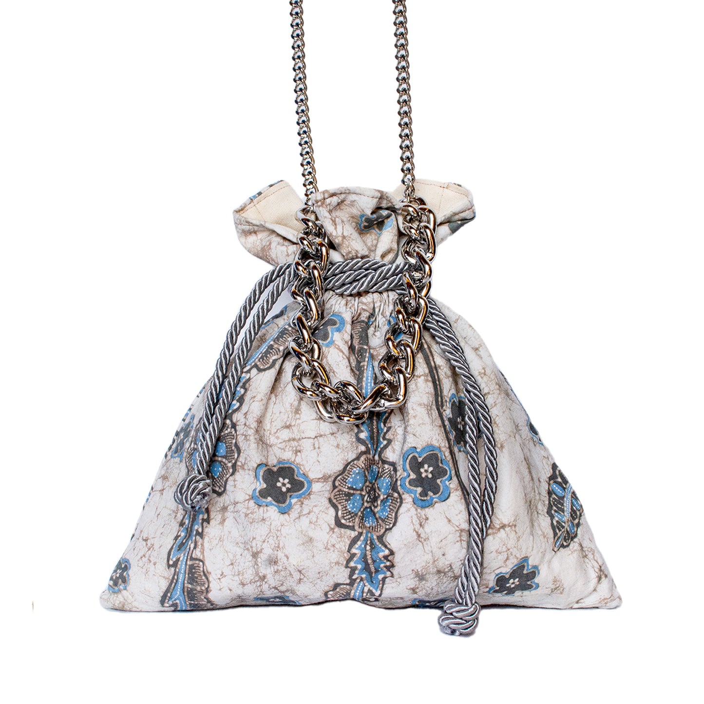 Sac Malam pochon blanc à fleurs bleues, cordon et anses chaîne