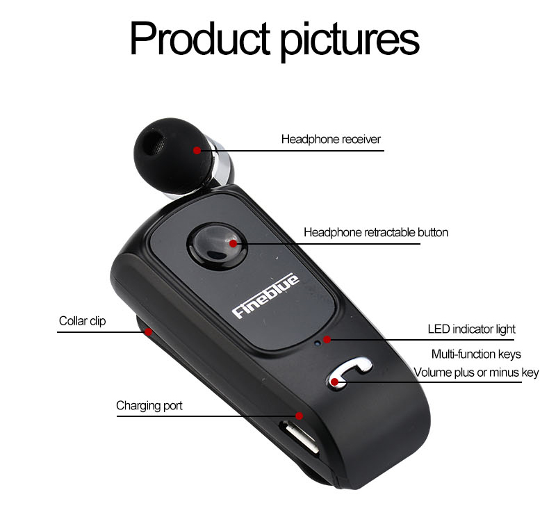 Oreillette Bluetooth à clip noire avec base de recharge, indicateur LED