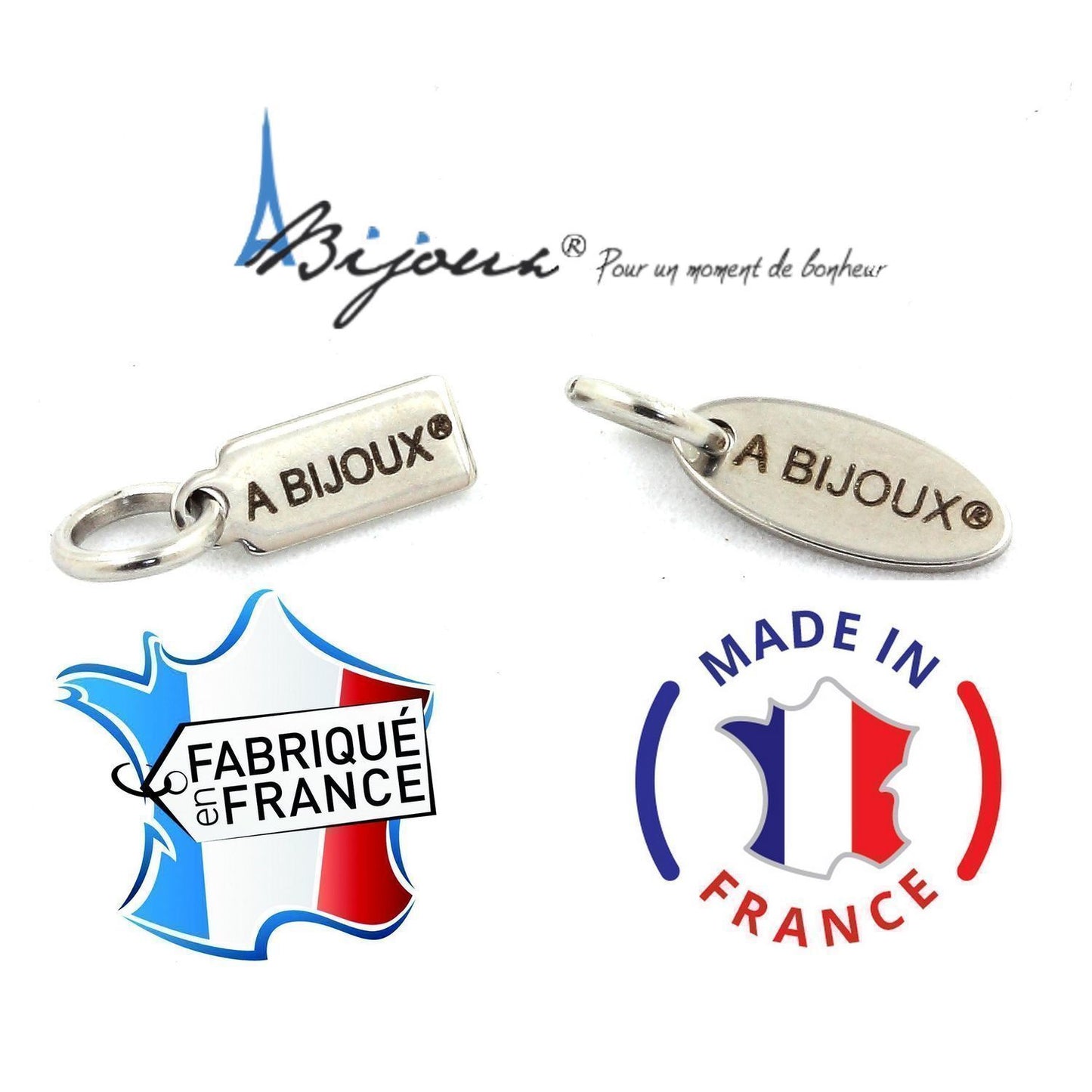 Charms et chaînette de collier A BIJOUX, badge Fabriqué en France.
