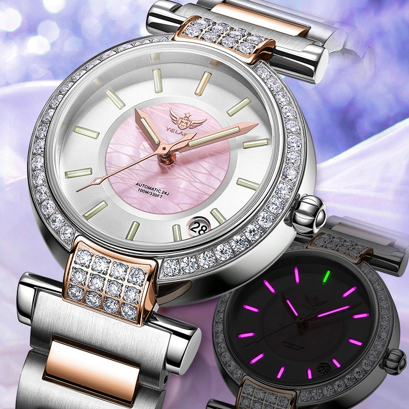 Montre femme Hemys cadran rose serti, boîtier acier; cadran noir LED aux couleurs vives.