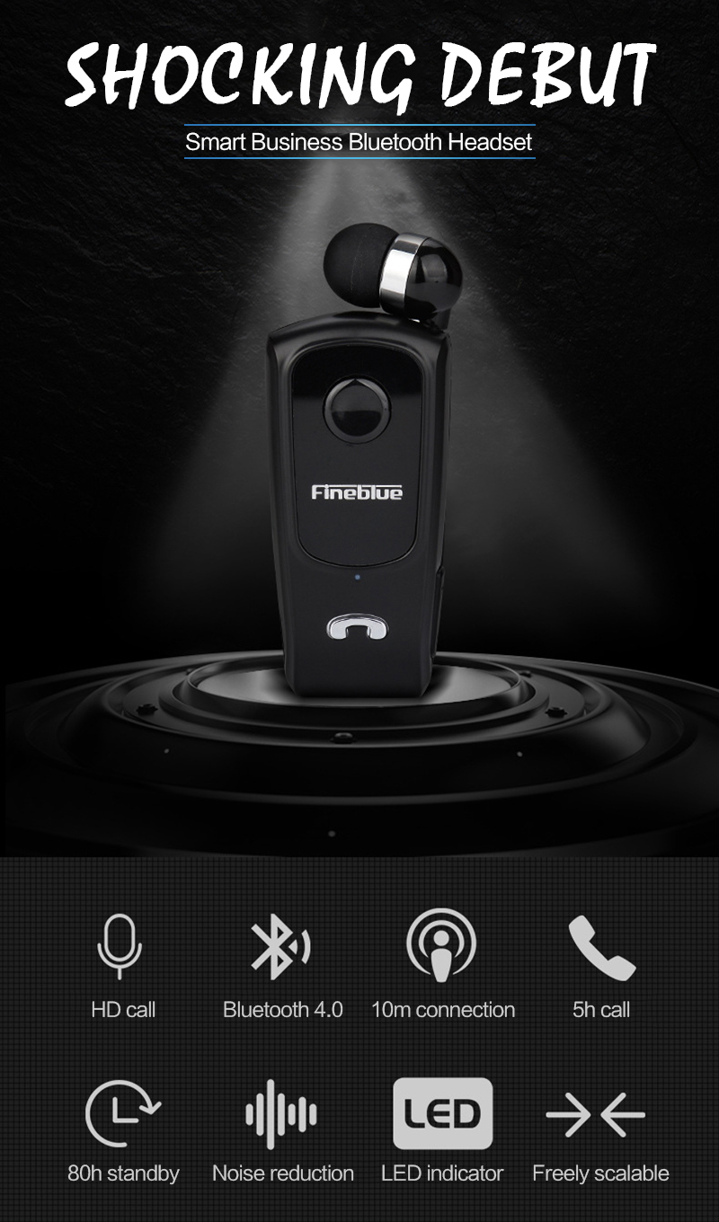 Oreillette Bluetooth à clip noire avec base de recharge, indicateur LED