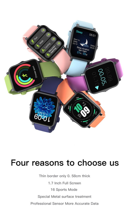 Montre connectée sport avec écran carrĂŠ sur bracelet rose, bleu et vert
