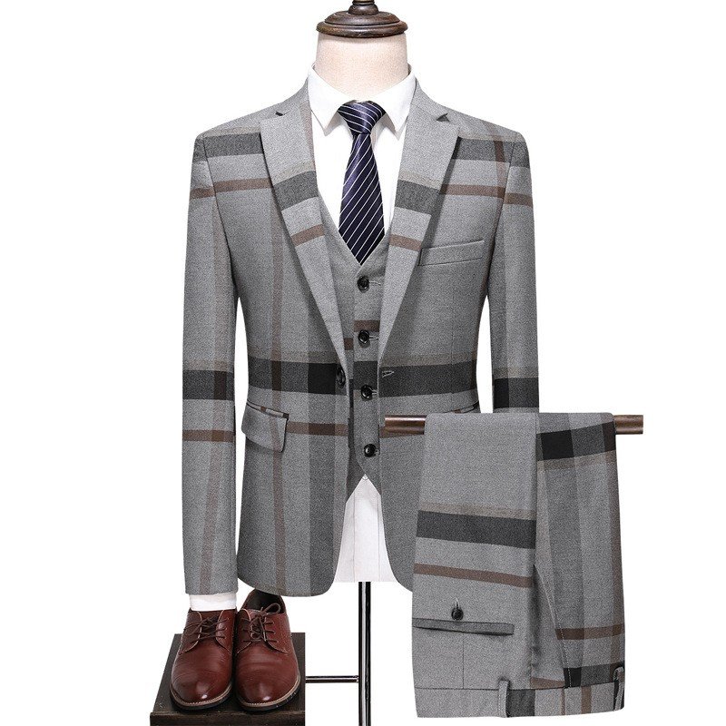 Veste de costume homme slim à carreaux gris et marron, col châle, boutonnage simple