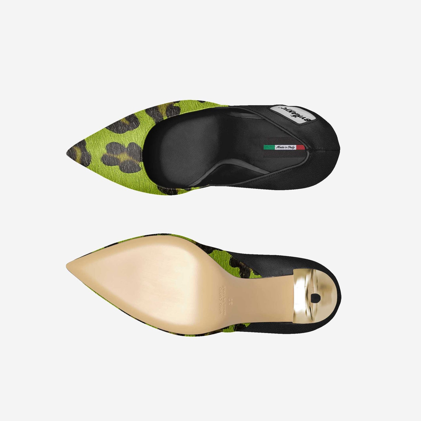Escarpins femme motif camouflage vert, intérieur noir, semelle dorée, vue profil