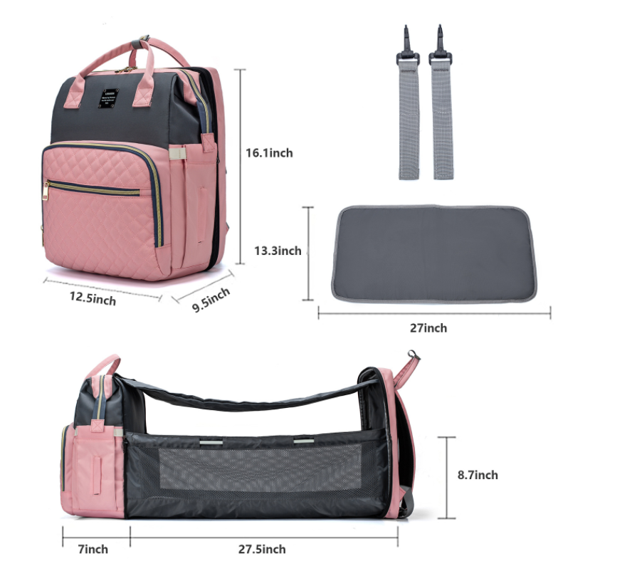 Sac de voyage bébé rose poudré avec matelas à langer et accessoires latéraux
