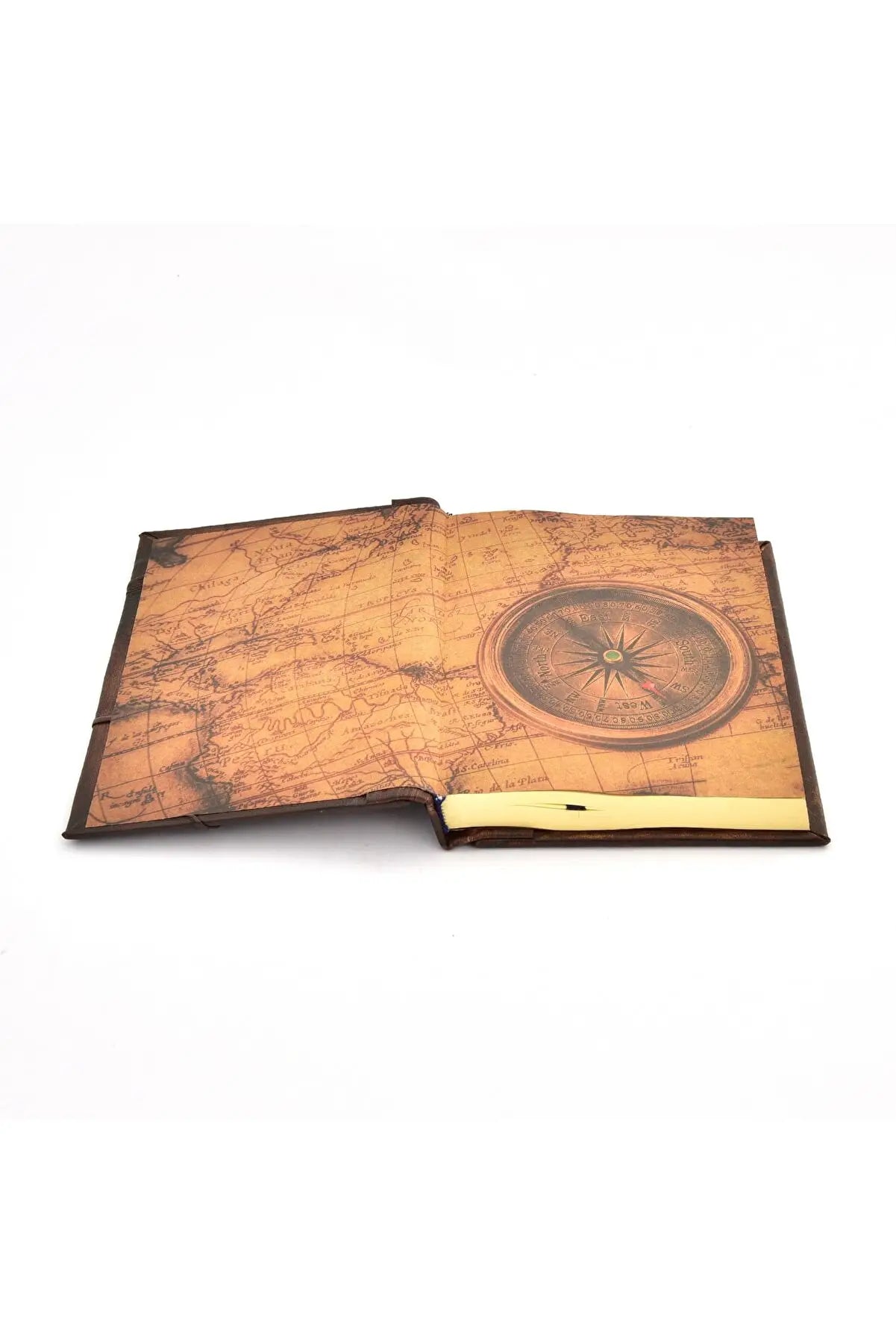 Carnet cuir brun foncé, couvercle déplié avec motif carte et boussole