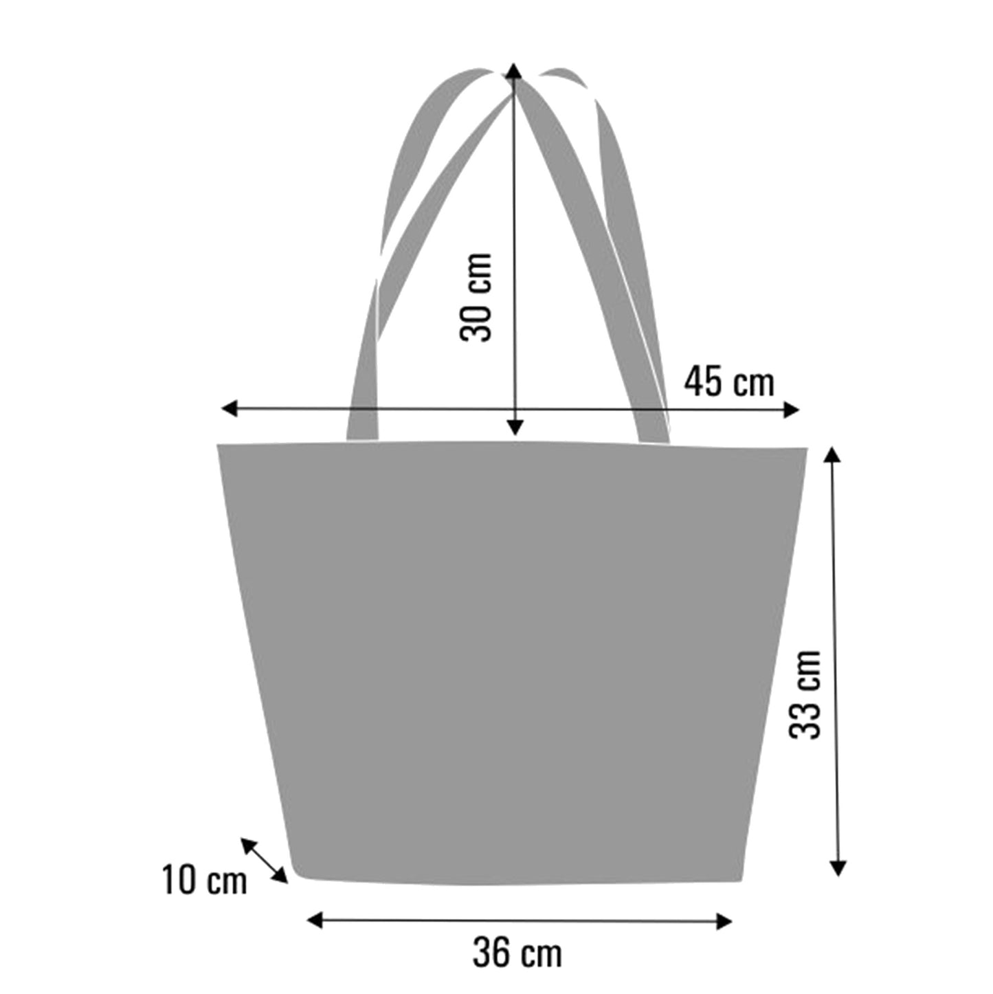 Sac cabas gris uni, 36 cm (L) ×33 cm (H) ×45 cm (P), anses.