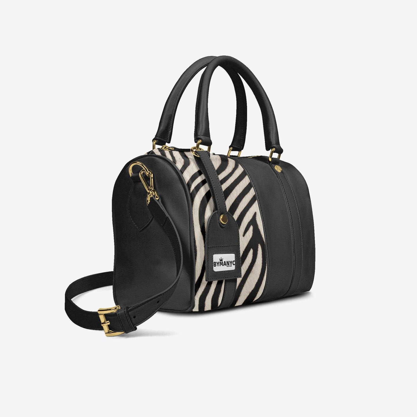 Tote bag cuir noir avec double anses, panneau rayures zèbre et bandoulière