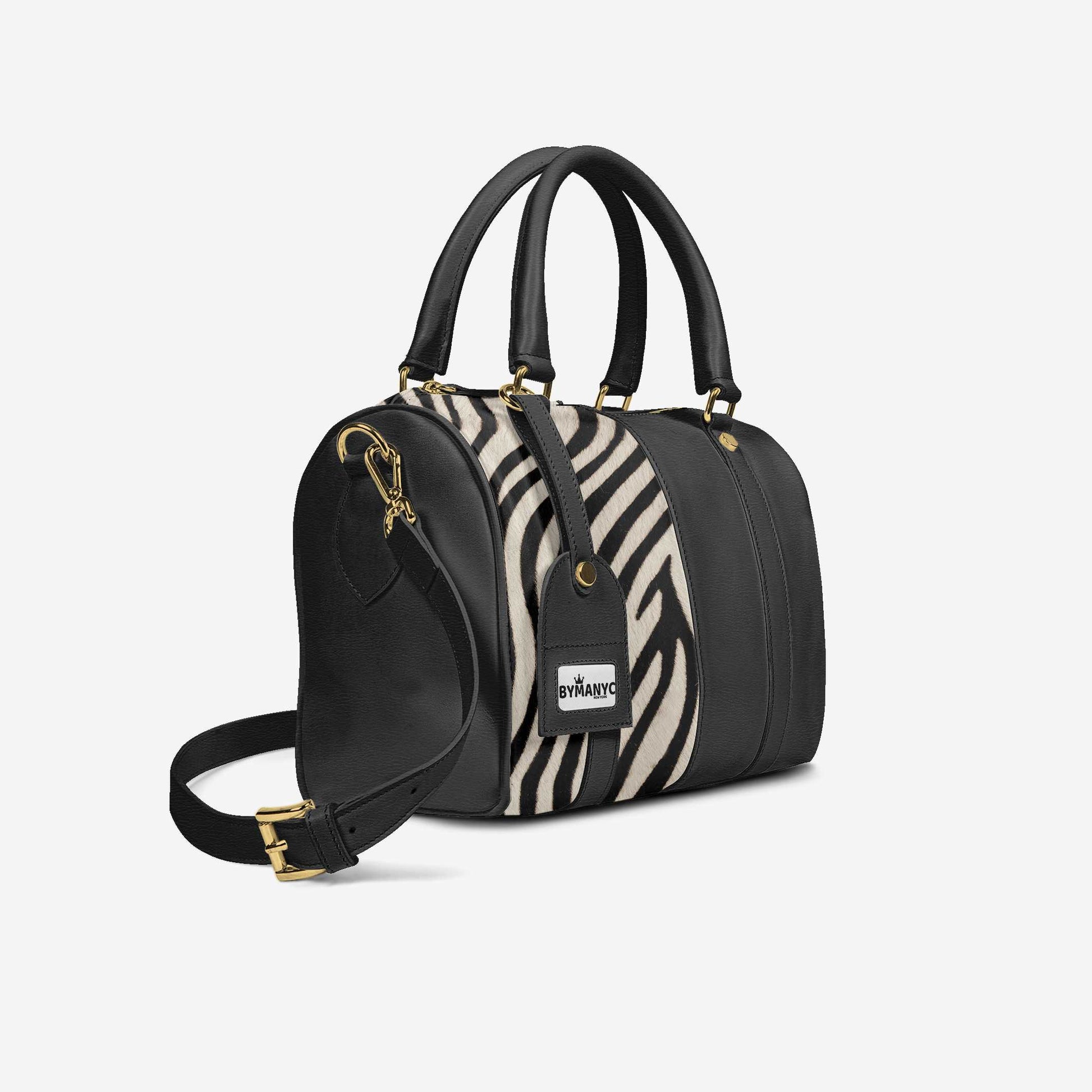 Tote bag cuir noir avec double anses, panneau rayures zèbre et bandoulière