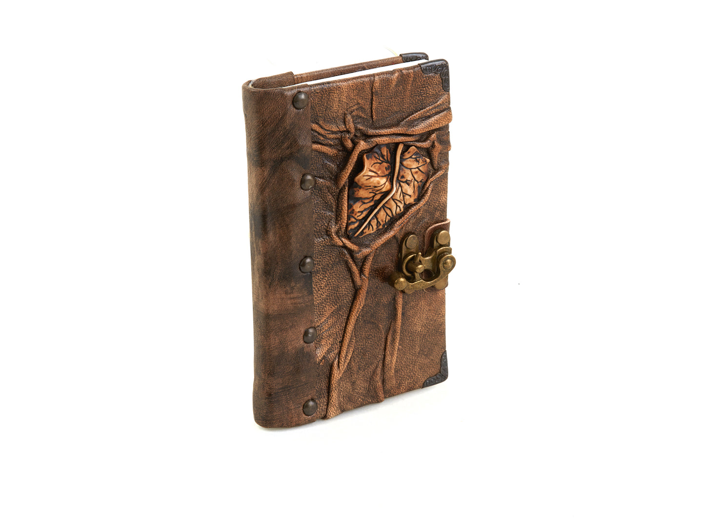 Carnet en cuir brun avec motif en relief et fermeture à anneaux métalliques.