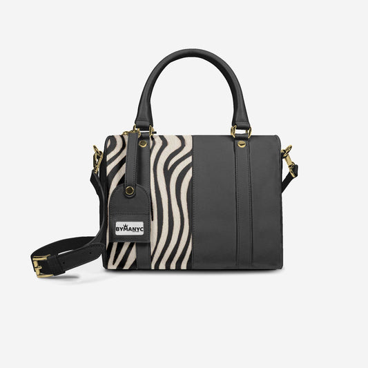 Tote bag cuir noir avec panneau rayures zèbre, anses et quincaillerie dorée