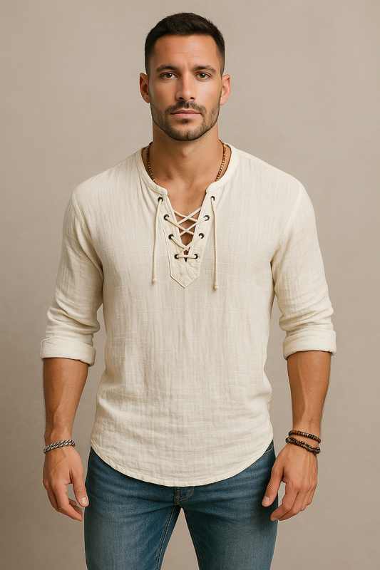 Chemise en lin beige clair à laçage au col, manches 3/4