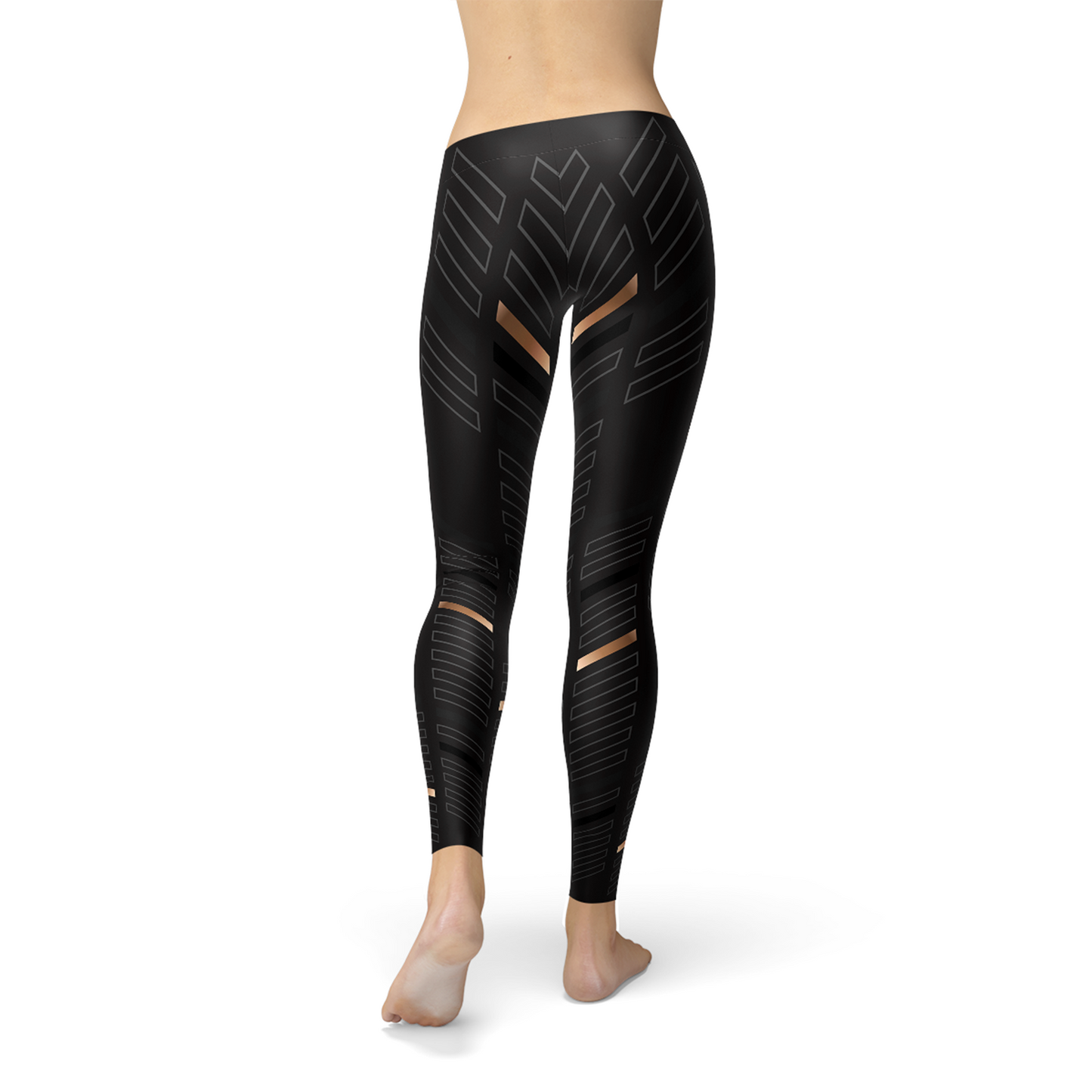 Leggings de sport noirs vue arrière avec motif rayures et bandes dorées