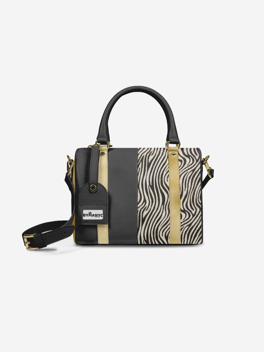 Sac à main rectangulaire bicolore noir, beige zébré, anses et bandoulière