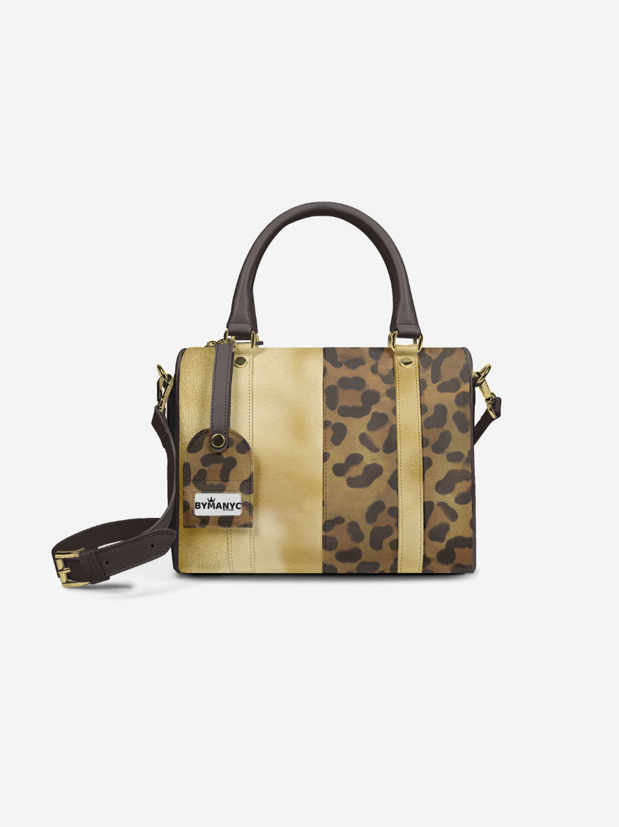Sac à main BYMANYC beige avec empiècements léopard, anses et bandoulière noire
